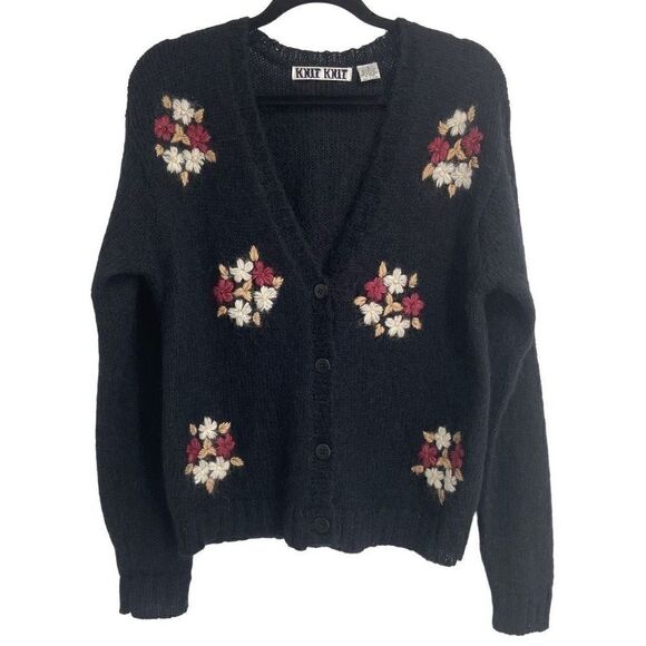Knit Knit Vintage Mohair Blend Embroidered Cardigan Sweater Black Small - Picture 1 of 6